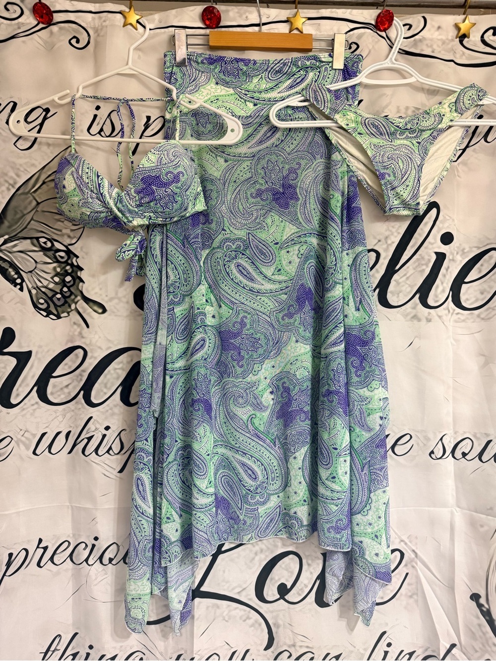 Paisley Two-Piece Bikini Set with Matching Sarong - Mint & Lavender *no size tag